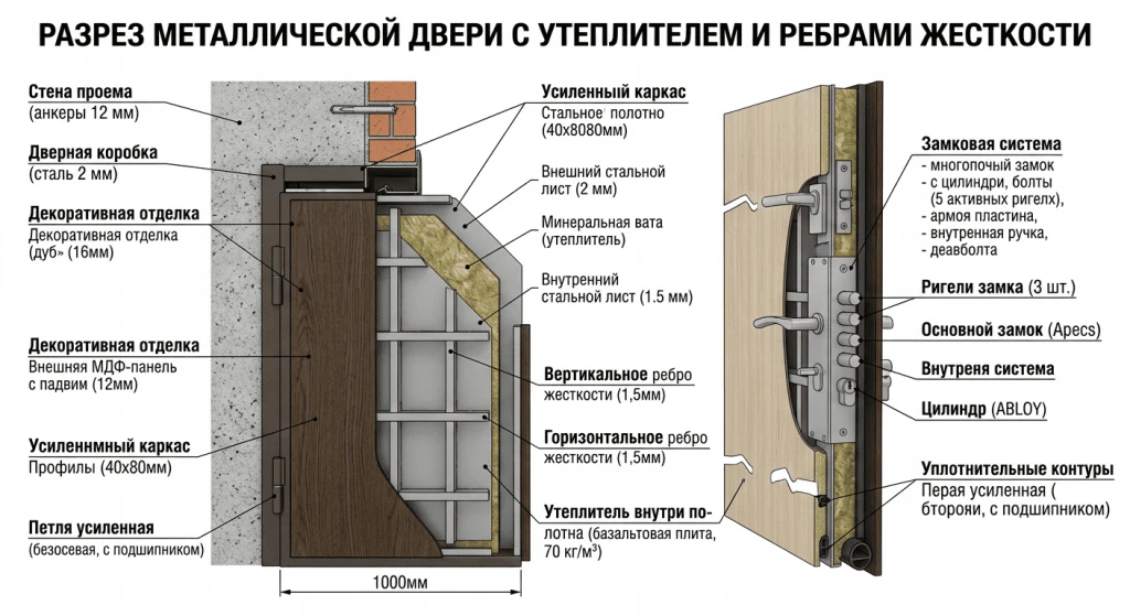 Разрез металлической двери с утеплителем и ребрами жесткости